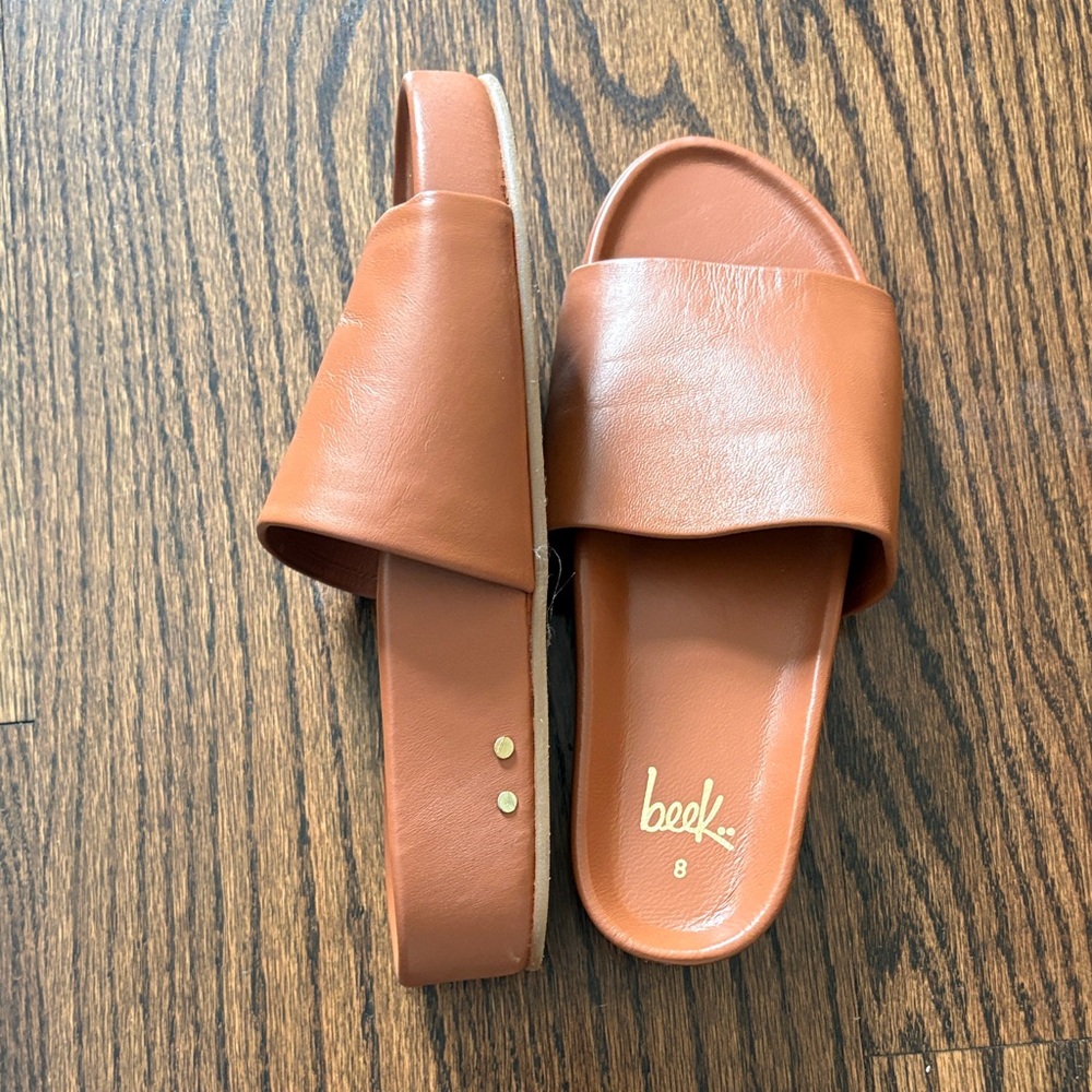 beek Tan Leather Slide Sandals